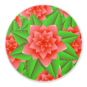 Bouton De Porte En Céramique Coral Orange Camellias et Feuilles verts