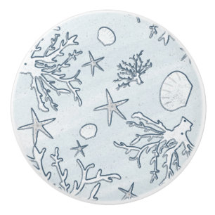 Bouton De Porte En Céramique Coral Reef & Sea Shells Plage Blue Grey