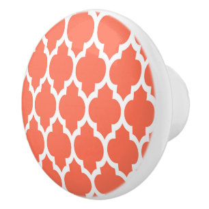 Bouton De Porte En Céramique Coral White Moroccan Quatrefoil Pattern #4