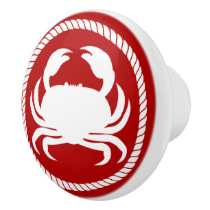 Bouton De Porte En Céramique Corde de crabe blanc rouge Cottage nautique côtier