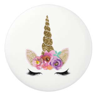 Bouton De Porte En Céramique Corne de licorne à paillettes dorées Filles Glam F