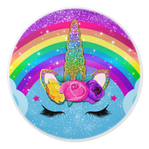 Bouton De Porte En Céramique Corne de Licorne Pailletée Face Arc-en-Ciel