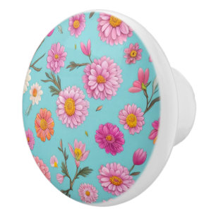 Bouton De Porte En Céramique Cottage noyau floral blanc marguerites fleurs rose