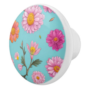 Bouton De Porte En Céramique Cottage noyau floral blanc marguerites fleurs rose