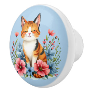 Bouton De Porte En Céramique Cottagecore Chat Floral Serene Feline Art Botaniqu