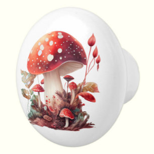 Bouton De Porte En Céramique Cottagecore de champignons de bois rouge orange