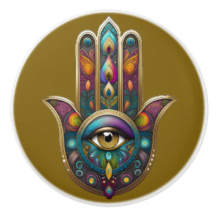 Bouton De Porte En Céramique Couleurs de paon Hamsa avec troisième œil doré