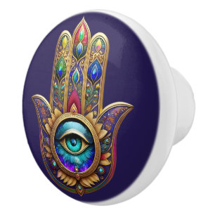 Bouton De Porte En Céramique Couleurs Paon Doré Hamsa Vert Saphir Troisième Œil