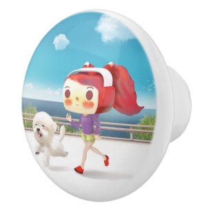Bouton De Porte En Céramique Courir avec un chien au bord de la mer