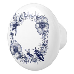 Bouton De Porte En Céramique Couronne de fleurs botaniques abeilles