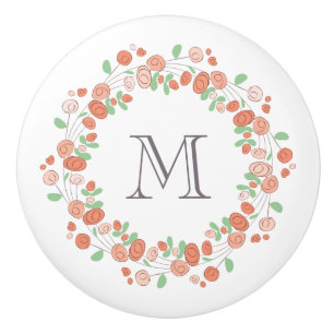 Bouton De Porte En Céramique couronne de roses corail monogramme