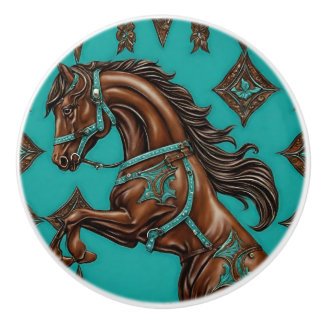 Bouton De Porte En Céramique Cowboy Western Pays Turquoise Brown Horse