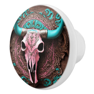 Bouton De Porte En Céramique Cowgirl rose Turquoise Western Pays Bull SKull