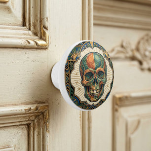 Bouton De Porte En Céramique Crâne Art Déco en céramique vert émeraude orange o