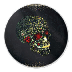 Bouton De Porte En Céramique Crâne de araignée orné de bijoux et roses filigran