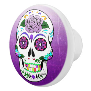 Bouton De Porte En Céramique Crâne de sucre décoratif coloré violet
