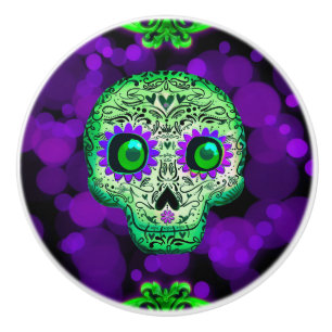 Bouton De Porte En Céramique Crâne de sucre vert et violet brillant Halloween