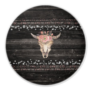 Bouton De Porte En Céramique Crâne de vache fleuri rustique Bohème Glamour Bois