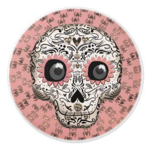 Bouton De Porte En Céramique Crâne en sucre rose et or et cœurs fantaisistes mi