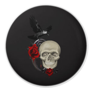 Bouton De Porte En Céramique Crâne gothique avec rose et Raven
