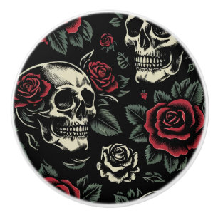 Bouton De Porte En Céramique Crânes et roses rouges florale gothique