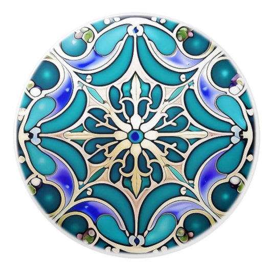 Bouton De Porte En Céramique Crème Art Nouveau Aqua bleu géométrique (Devant)
