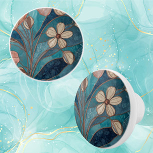 Bouton De Porte En Céramique Crème de Bleu Floral Sarcelle