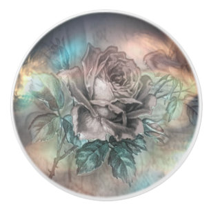 Bouton De Porte En Céramique cristal rose brillant look fleur vintage rose bleu