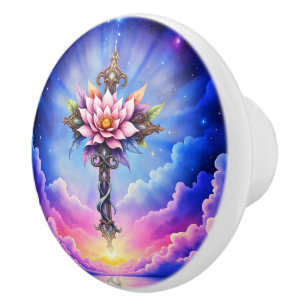 Bouton De Porte En Céramique Croix de Lotus Céleste