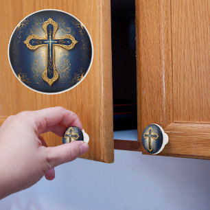 Bouton De Porte En Céramique Croix Dorée Sur Fond Bleu