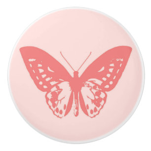 Bouton De Porte En Céramique Croquis de papillon, rose corail