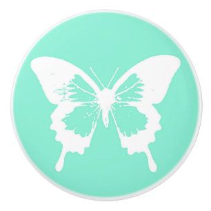 Bouton De Porte En Céramique Croquis papillon, aqua et blanc
