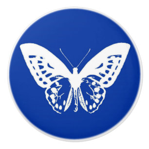 Bouton De Porte En Céramique Croquis papillon, bleu cobalt et blanc