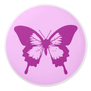 Bouton De Porte En Céramique Croquis papillon, rose glacé & améthyste violet