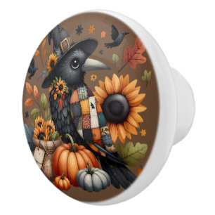 Bouton De Porte En Céramique Crow Whimsical avec Citrouilles et tournesols