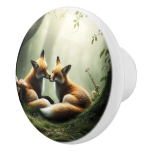 Bouton De Porte En Céramique Cuddle Fox dans la forêt de Misty