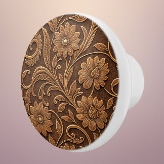 Bouton De Porte En Céramique Cuir Faux Vintage avec Motif Floral Outilé