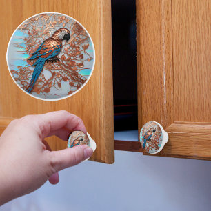 Bouton De Porte En Céramique Cuivre et perroquet bleu sur une branche