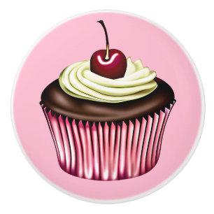 Bouton De Porte En Céramique Cupcake au chocolat avec cerise sur le dessus