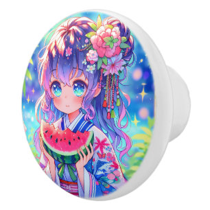 Bouton De Porte En Céramique Cute Anime Girl Manger Watermelon sur une journée