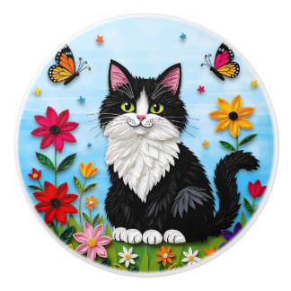 Bouton De Porte En Céramique Cute Black and White  Folk Art Cat and Flowers
