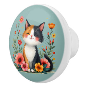 Bouton De Porte En Céramique Cute Calico Chat avec Cottagecore Floral Esthétiqu