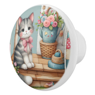 Bouton De Porte En Céramique Cute Chat sur Porche avec Fleurs et Patchwork