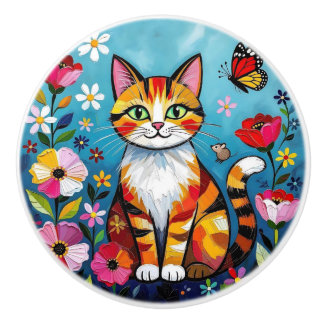 Bouton De Porte En Céramique Cute Colorful Folk Art Cat and Flowers