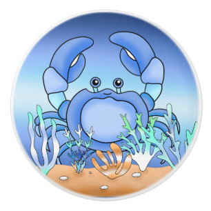 Bouton De Porte En Céramique Cute Crabe Bleu Nautique Maison de plage