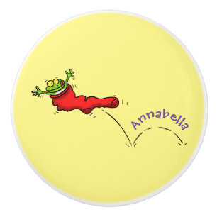 Bouton De Porte En Céramique Cute grenouille dans une chaussette rouge saut de 