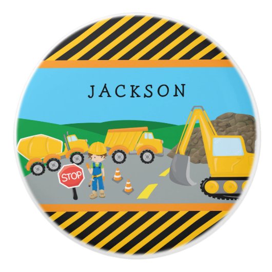 Bouton De Porte En Céramique Cute Little Boy Construction Véhicule Monogramme (Devant)