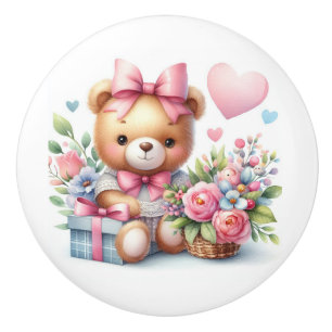 Bouton De Porte En Céramique Cute Teddy Ours rose Roses Balloons Salle Bébé