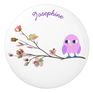 Bouton De Porte En Céramique CuteBird sur une Branche Personnalisé