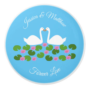 Bouton De Porte En Céramique Cygnes blancs et nénuphars Mariage Personnalisé